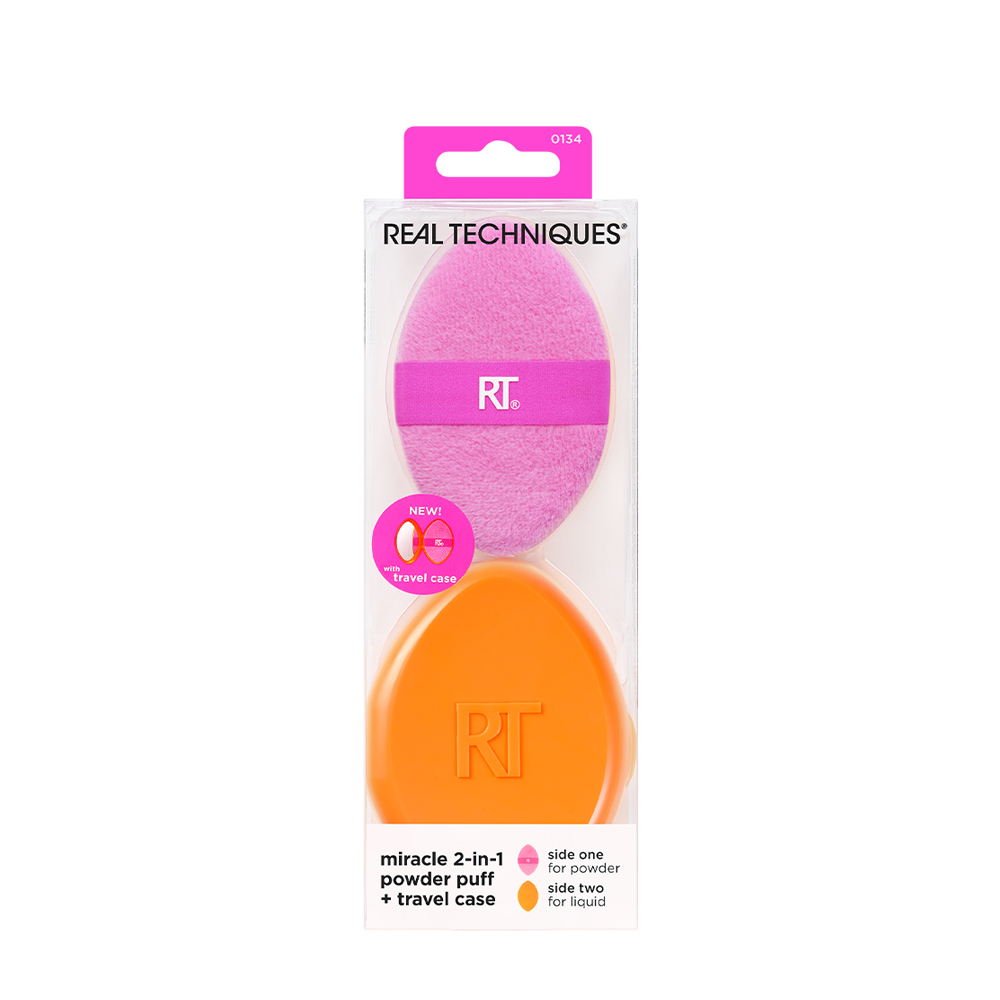 REAL TECHNIQUES Пуховка двусторонняя для пудры c футляром / Real Techniques Miracle 2-in-1 Powder Puff + Travel Case, фото 1