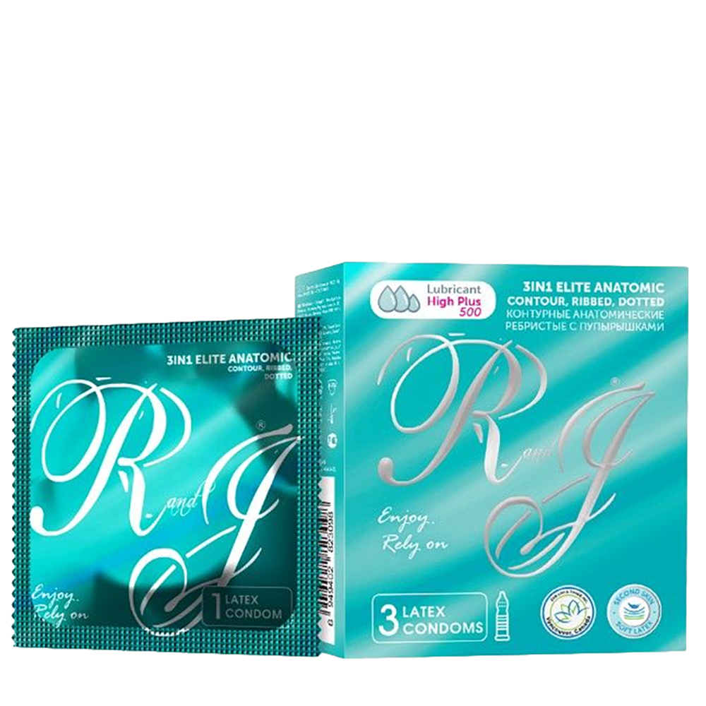 R and J Презервативы контурные анатомические ребристые с пупырышками, натуральный латекс / ELITE 3in1 3 шт, фото 1