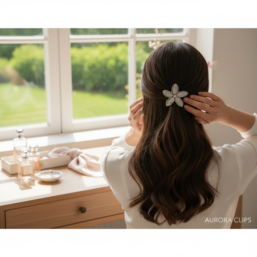 IWOU PROFESSIONAL Краб для волос мини Цветок в стразах серебро 1шт, фото 5