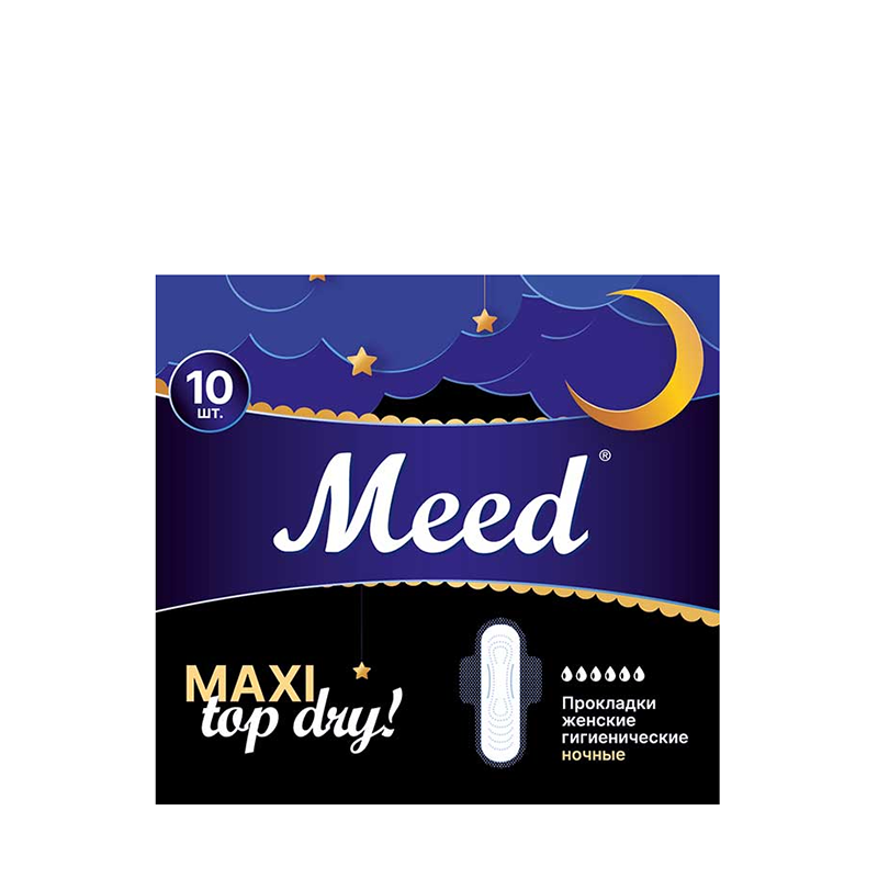 MEED Прокладки женские гигиенические макси анатомические для критических дней, с крылышками ТОП ДРАЙ / Meed 10 шт, фото 1