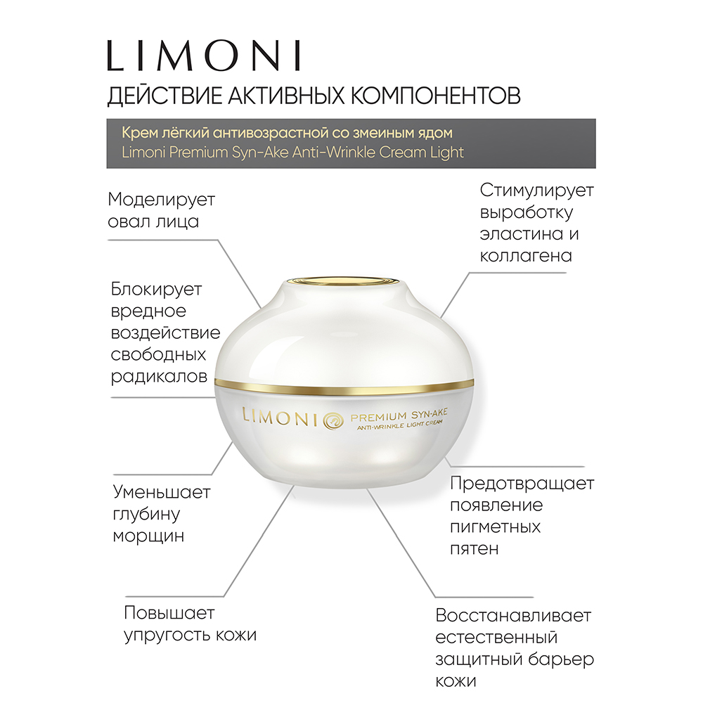 LIMONI Крем антивозрастной легкий со змеиным ядом для лица / Premium Syn-Ake Anti-Wrinkle Cream Light 50 мл, фото 3