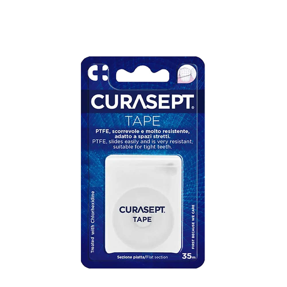 CURASEPT Нить зубная вощеная плоская CHX 0,2% / CURASEPT PTFE TAPE 35 м, фото 1