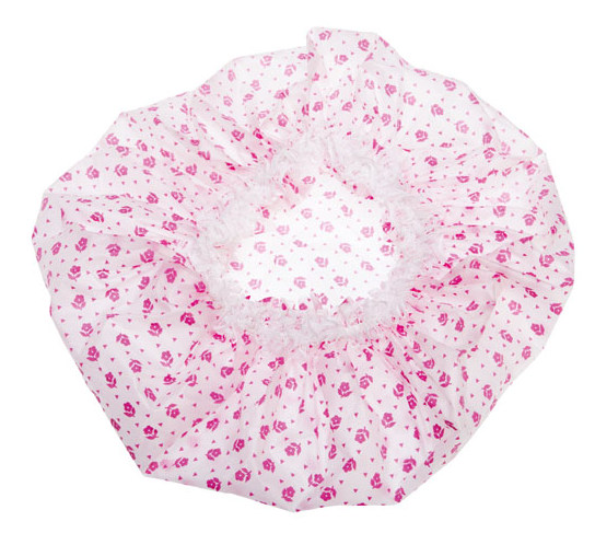 DEWAL BEAUTY Шапочка для душа с кружевом, белая с розовыми цветами, фото 3