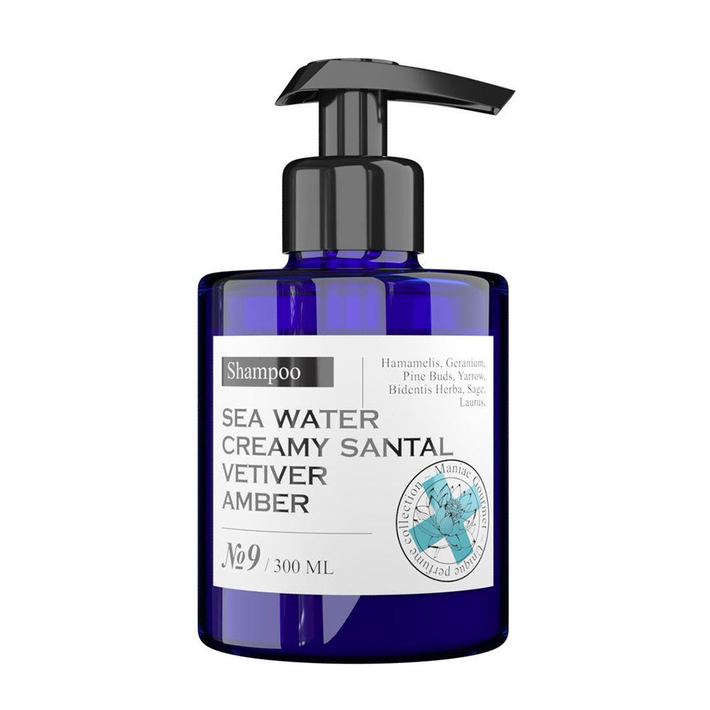 MANIAC GOURMET Шампунь парфюмированный увлажняющий №9 Морская вода, Сливочный сандал, Ветивер, Амбра 300 мл, фото 1
