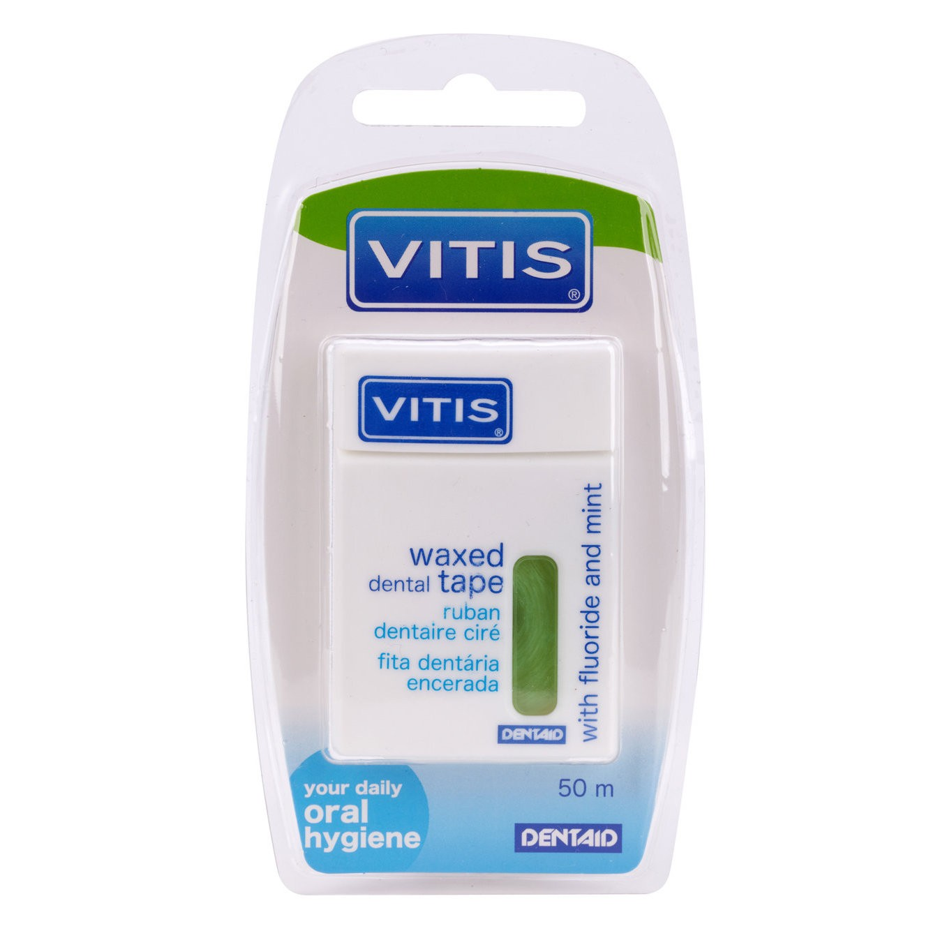 DENTAID Нить межзубная в твердой упаковке Vitis Waxed Dental Tape with Fluoride and Mint 50 м, фото 1