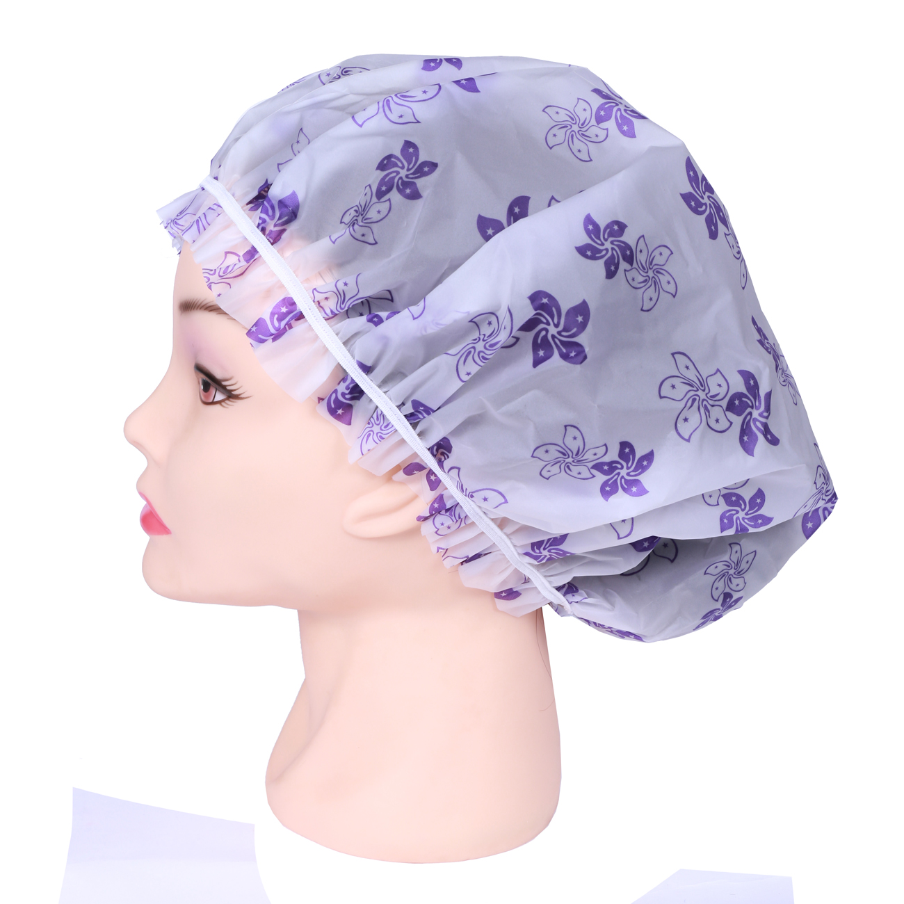 DEWAL BEAUTY Шапочка для душа без кружева, белая с фиолетовыми  цветами, фото 2