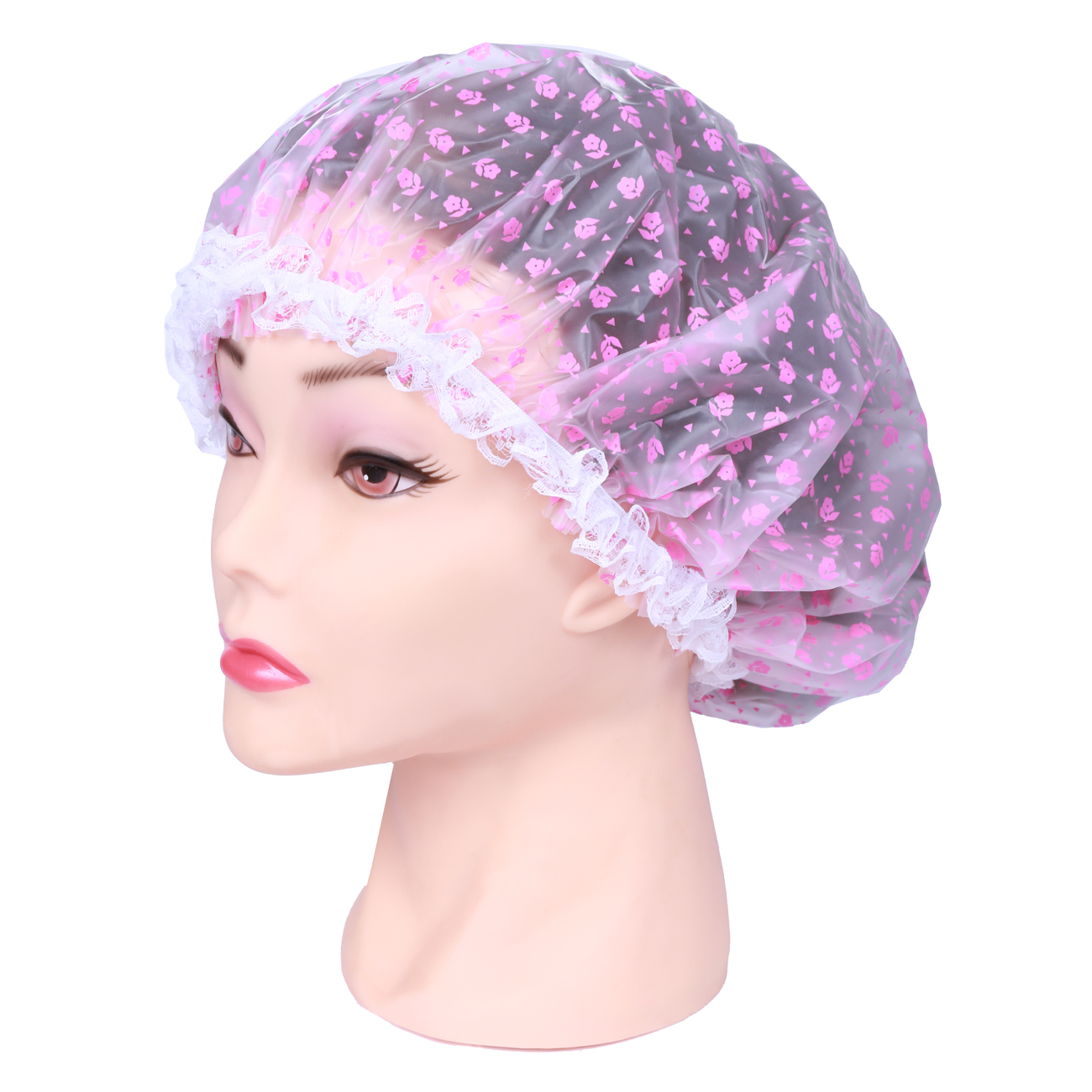DEWAL BEAUTY Шапочка для душа с кружевом, белая с розовыми цветами, фото 1
