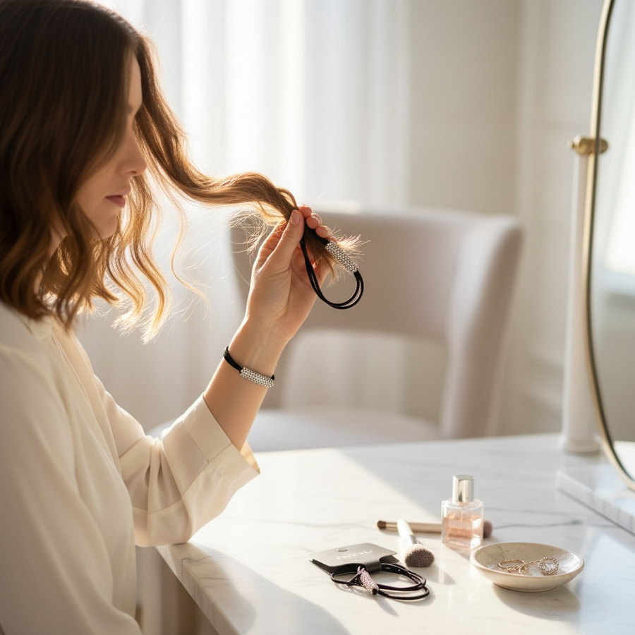 IWOU PROFESSIONAL Резинка-браслет для волос черная с белыми стразами 2шт, фото 2