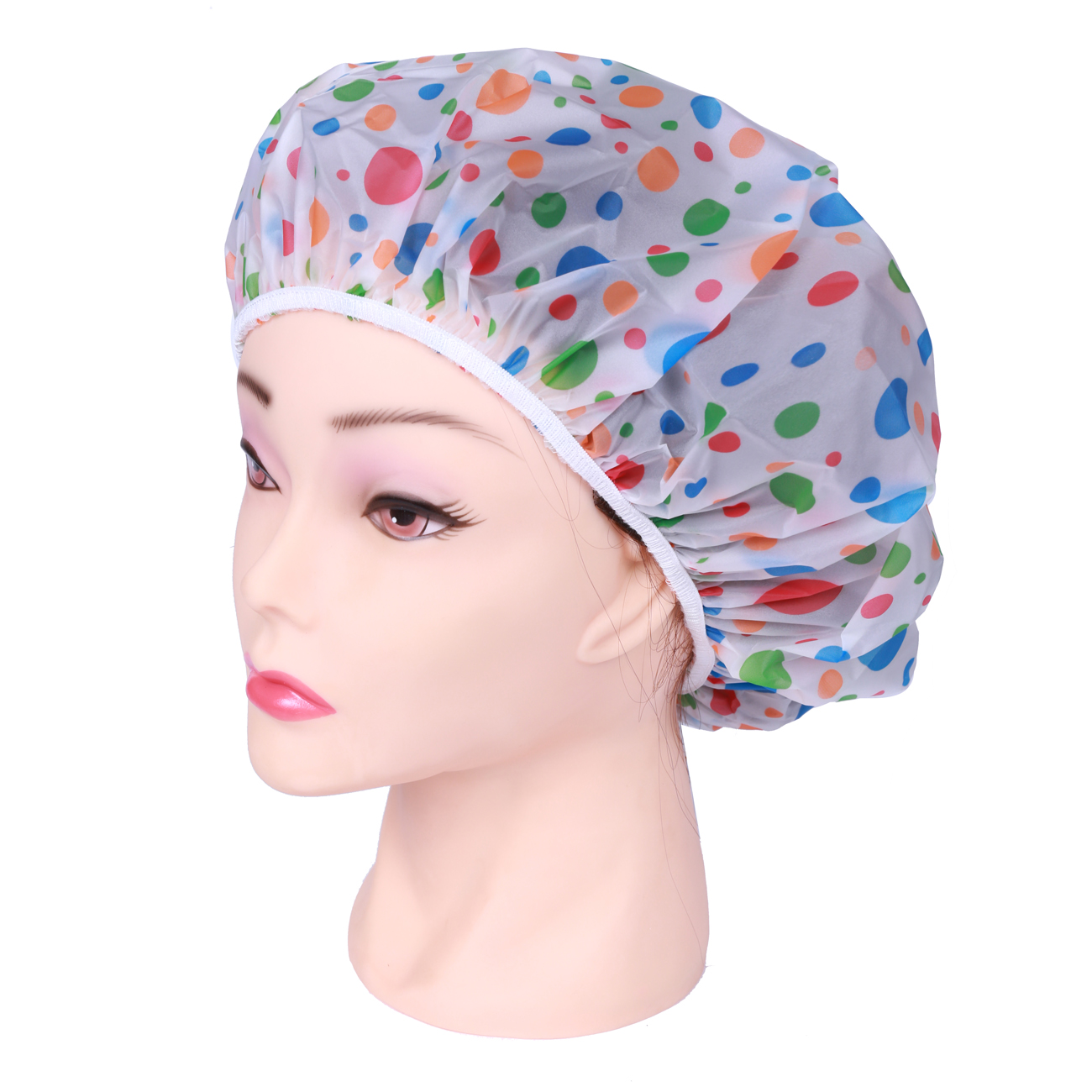 DEWAL BEAUTY Шапочка для душа без кружева, белая с цветным горохом, фото 1