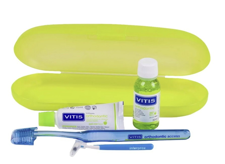DENTAID Набор ортодонтический в пенале (зубная паста 15 мл, ополаскиватель 30 мл, зубная щетка, ершик межзубный 1шт) Ortho Kit, фото 2
