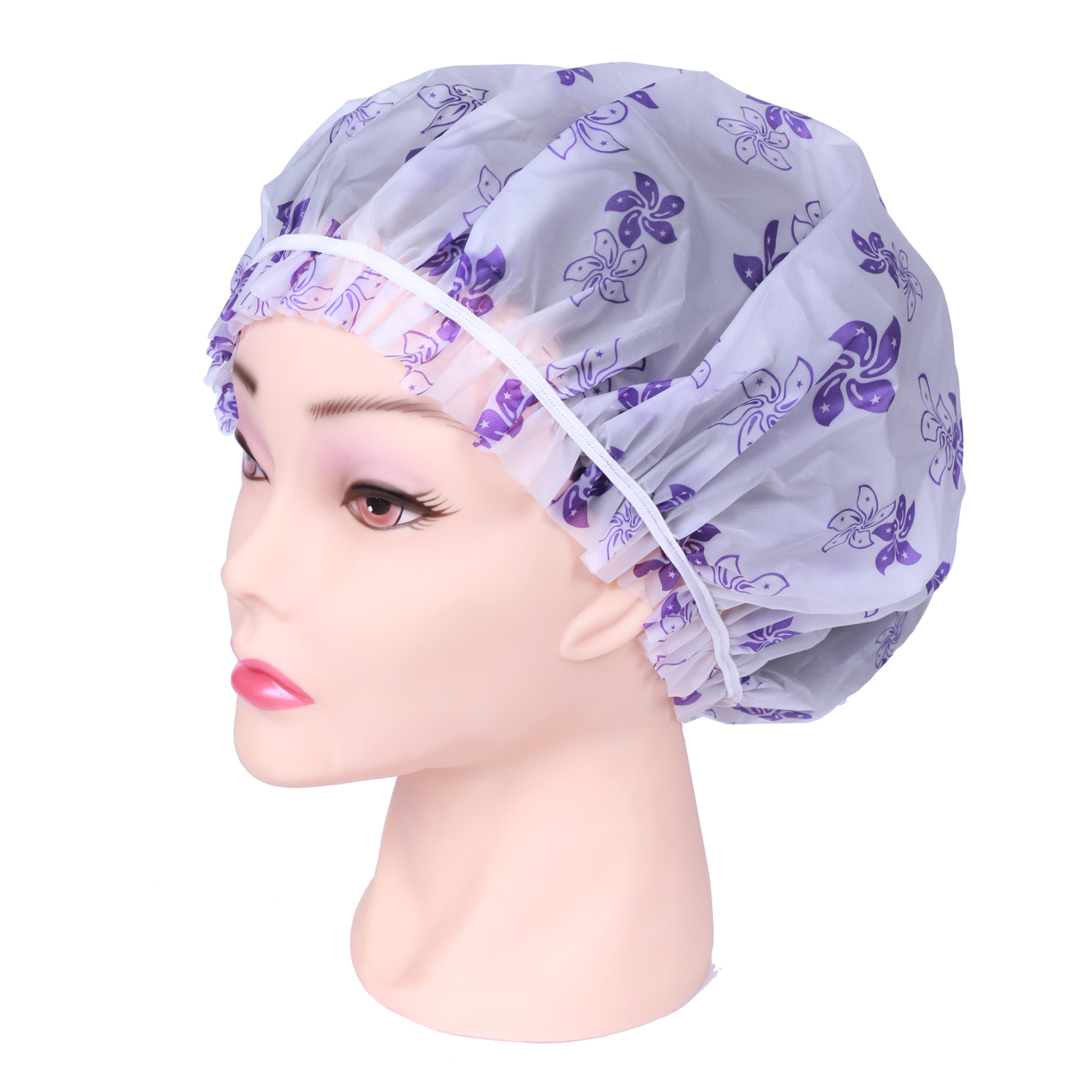 DEWAL BEAUTY Шапочка для душа без кружева, белая с фиолетовыми  цветами, фото 1