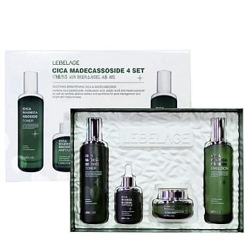 Набор средств для лица с центеллой азиатской и мадекассосидом (тонер 120 мл, эмульсия 120 мл, сыворотка 35 мл, крем 50 мл) Lebelage Cica Madecassoside
