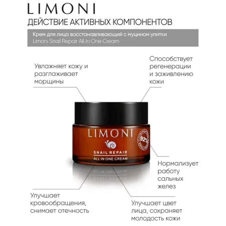 LIMONI Крем восстанавливающий для лица с экстрактом секреции улитки / Snail Repair All In One Cream 50 мл - 4